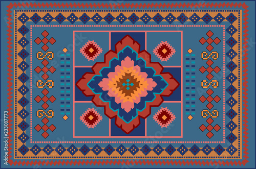 Original pattern of luxurious old oriental carpet with red, yellow and blue shades


