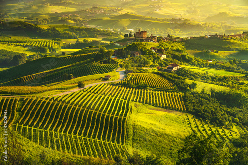 Langhe vineyards sunset panorama, Grinzane Covour, Piedmont, Italy Europe. photo