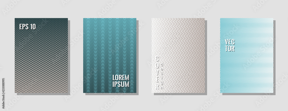 Minimal blue grey zig zag banner templates, wavy lines gradient stripes backgrounds for scientific cover. Curve shapes stripes, zig zag edge lines halftone texture gradient poster backgrounds set. Minimal blue grey zig zag banner templates, wavy lines gradient stripes backgrounds for scientific cover. Curve shapes stripes, zig zag edge lines halftone texture gradient poster backgrounds set.