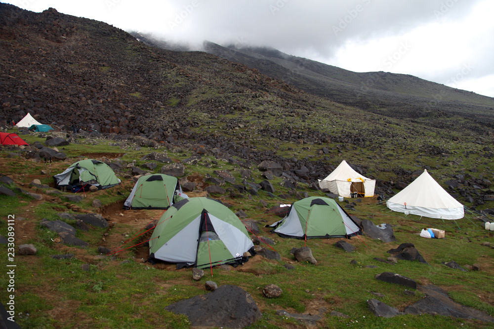 Climbers established tent at Green Camp in Mount Agri (Ararat), Dogubeyazit, Turkey. Mount Agri is the highest mountain in Turkey and it is believed that Noah Ark is there.