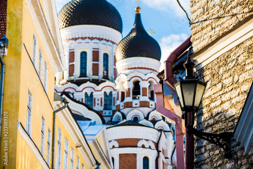 Winter. Old Town of Tallinn, Estonia, on a clear sunny day. Alexander Nevsky Cathedral close-up photo