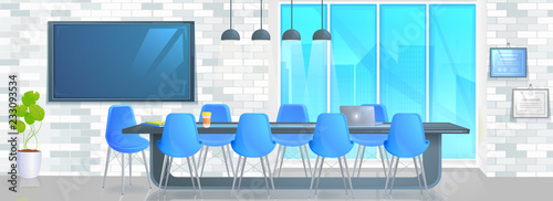 Boardroom Interior Design Home Decor panorama. Office Conference hall with long table with modern chairs and full HD tv and loft block wall