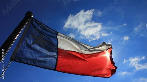 Texas flag waving in the wind with sun shining through photo