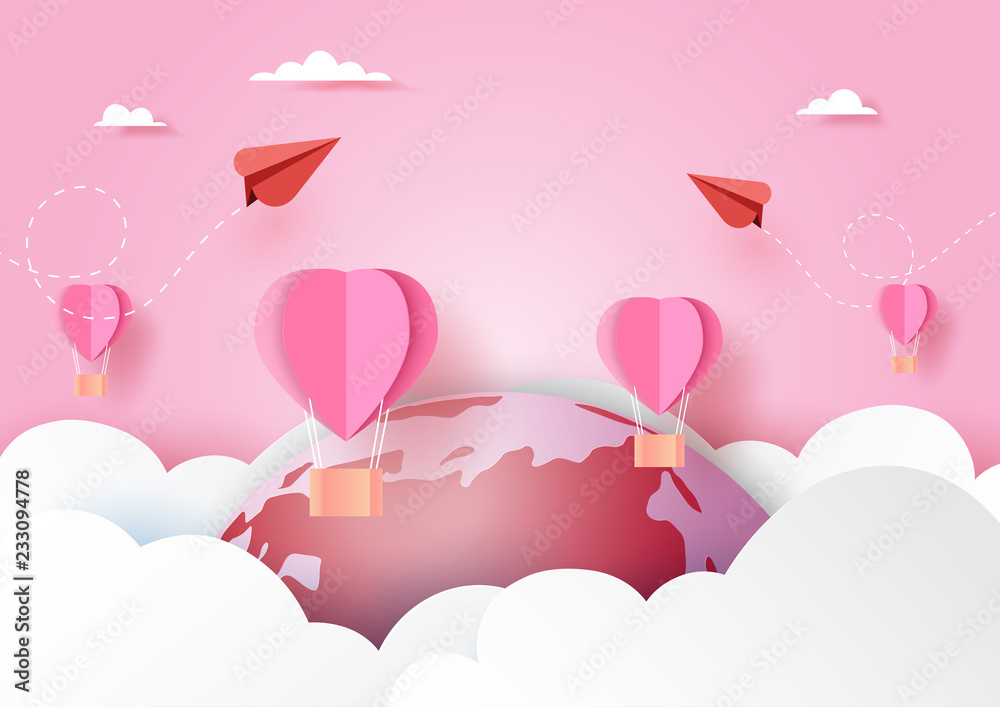 Love concept with red couple airplane and pink hot air balloons floating on clouds,world and pink sky paper art style.Vector illustration.