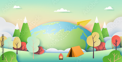 Summer camp and adventure in nature landscape background of holidays and vacation time.Paper art style vector illustration.
