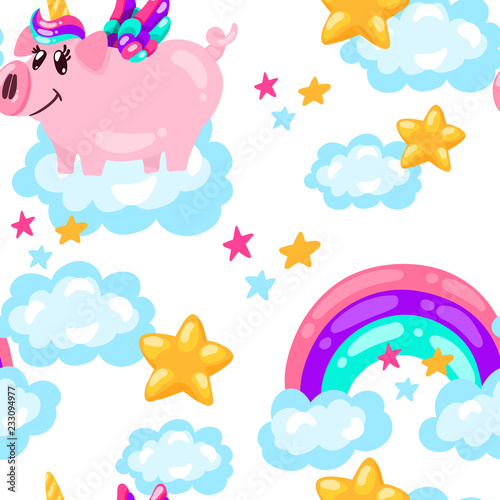 Seamless cute pig unicorn pattern. Baby print. cartoon hand drawn caracter.