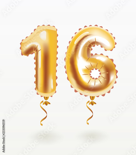 16 happy Birthday celebration with gold balloons.
