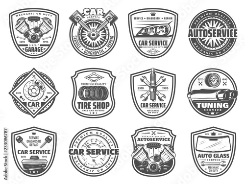 Spare parts, car service and garage station icons