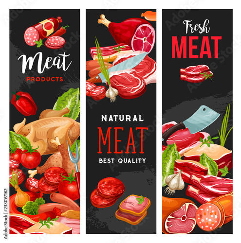 Butcher shop meat, butchery products, vector
