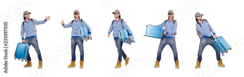 A tourist with bags isolated on white