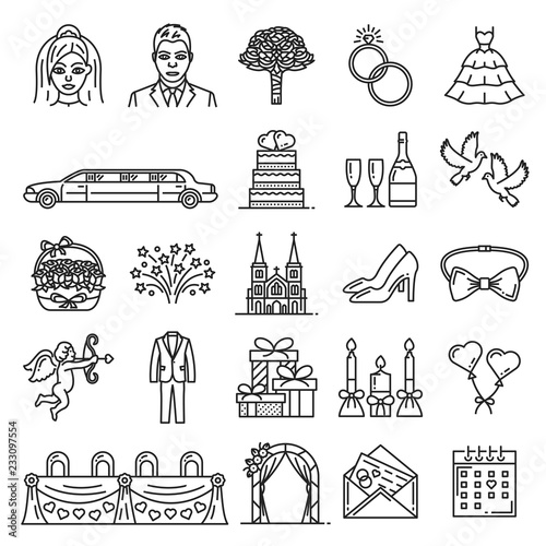 Wedding and marriage ceremony vector icons
