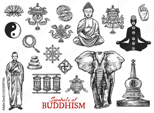 Buddhism religion symbols sketch vector icons