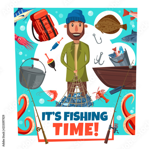 Fishing time fisher man lures and tackles, cartoon