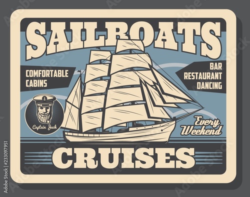 Sail ship cruise and marine travel, vector