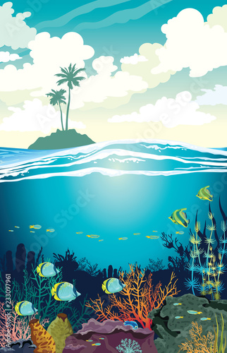 Underwater sea - coral reef, fish and cloudy sky, island