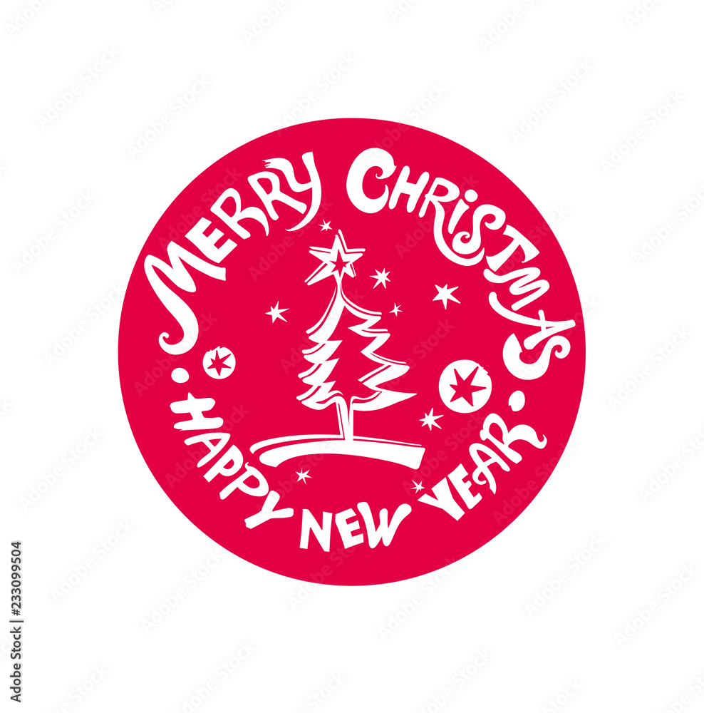Merry Christmas & Happy New Year! Christmas tree and stars. Red round stamp vector template for the New Year design. Merry Christmas & Happy New Year! Christmas tree and stars. Red round stamp vector template for the New Year design.