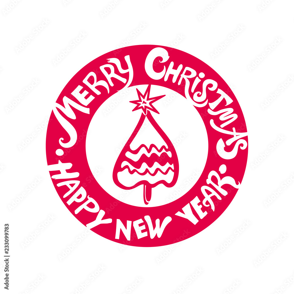 Merry Christmas & Happy New Year! Christmas tree. Red round stamp vector template for the New Year design. Merry Christmas & Happy New Year! Christmas tree. Red round stamp vector template for the New Year design.