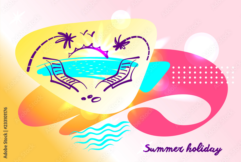 Two deck chair lounge with palm, water and sunrise on gradient s Two deck chair lounge with palm, water and sunrise on gradient s
