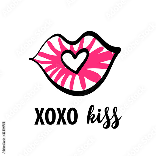 Concept flyer with abstract lips, heart and text XOXO kiss. Fash
