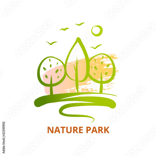 Nature national park with bird and sun. Template logo with silhouette tree. Symbol logotype, badge isolated green forest. Concept image for camping, outdoor activity and park recreation