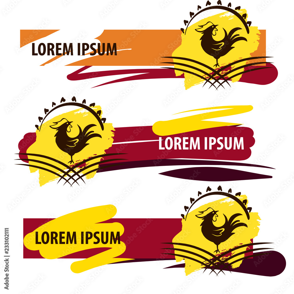 Concept logo for fresh, natural product in farm market, grocery, meat shop, butcher store. Farmer bird chicken. Vector silhouette rooster. Design poster, card, flyer, banner, web, app. Illustration Concept logo for fresh, natural product in farm market, grocery, meat shop, butcher store. Farmer bird chicken. Vector silhouette rooster. Design poster, card, flyer, banner, web, app. Illustration