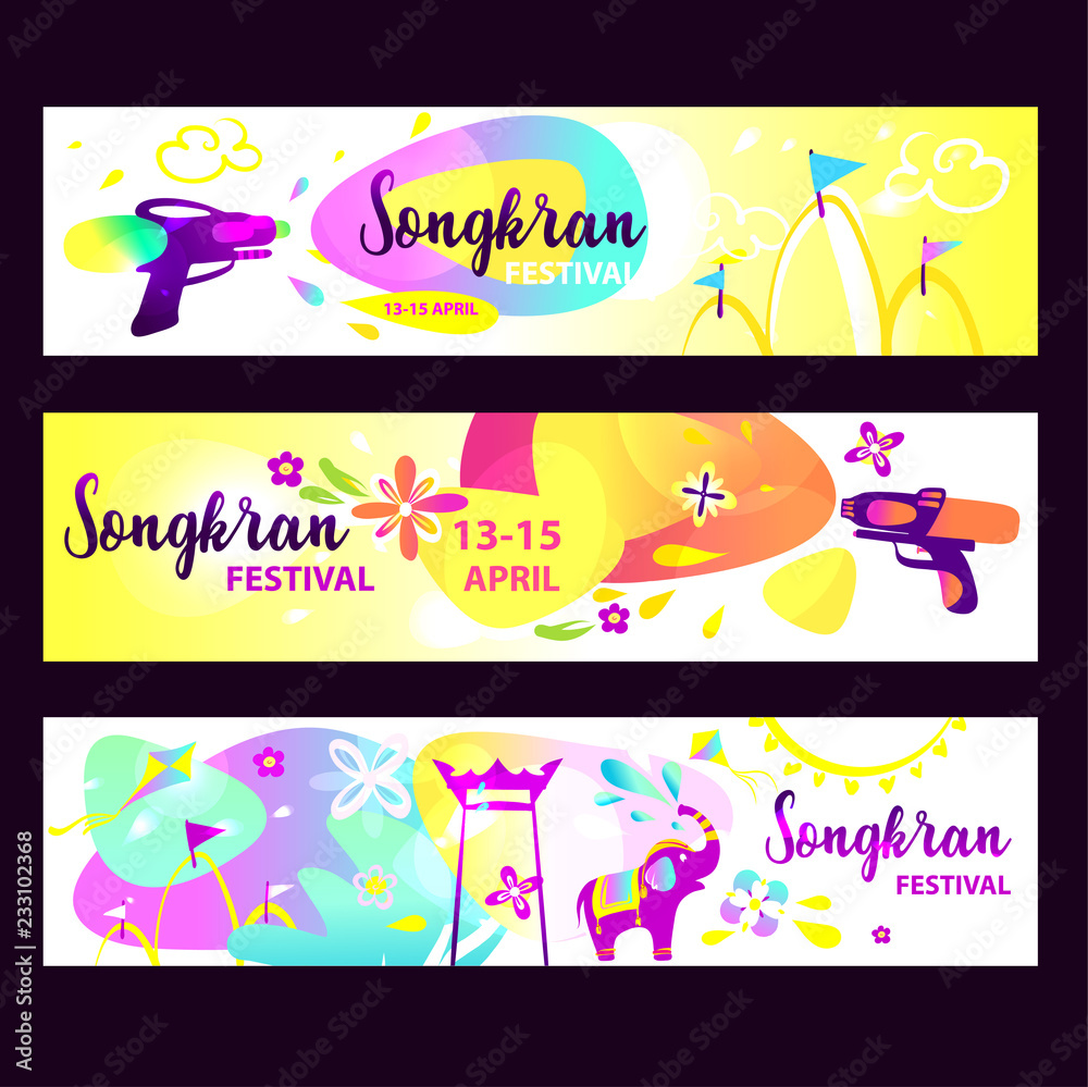 Songkran festival. Freehand drawn vector illustration for water party holiday. Trendy concept for national thai happy new year. Songkran festival. Silhouette water gun, pistol, temple and flower