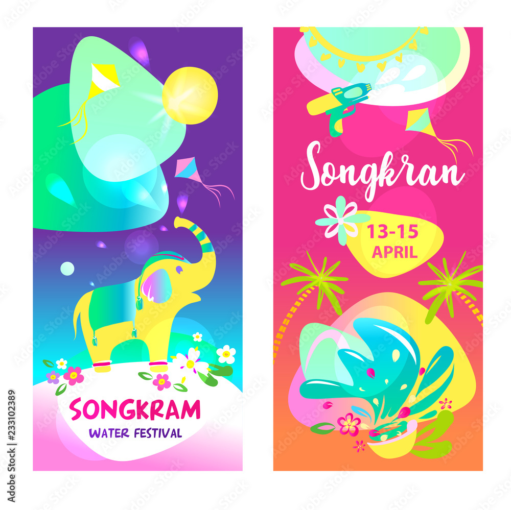 Songkran festival. Freehand drawn vector illustration for water party holiday. Trendy concept for national thai happy new year. Songkran festival. Silhouette kite, water bowl and elephant