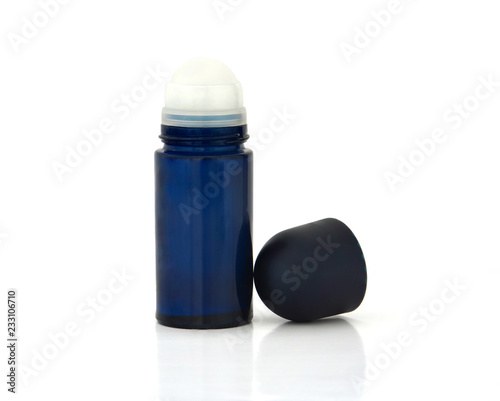 dark blue glass roll-on deodorant bottle for men and women isolated on white background
