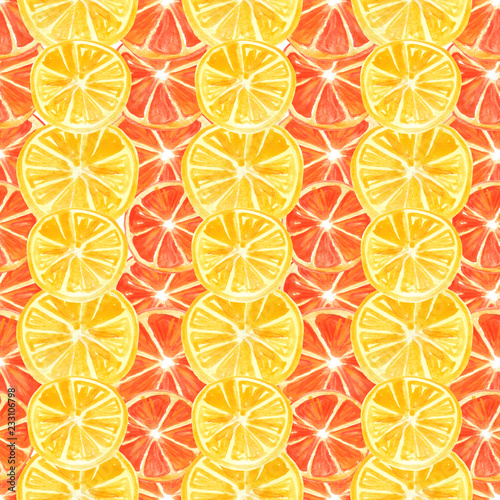 Watercolor painting, vintage seamless pattern - tropical fruits, citrus, slices of lemon, orange, grapefruit. Citrus marmalade, slices. Yellow, orange, red. Fashionable stylish art background.