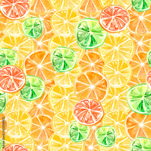 Watercolor painting, vintage seamless pattern - tropical fruits, citrus, slices of lemon, orange, grapefruit. Citrus marmalade, slices. Yellow, orange, red. Fashionable stylish art background.