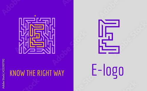 E letter logo maze. Creative logo for corporate identity of company: letter E. The logo symbolizes labyrinth, choice of right path, solutions. 