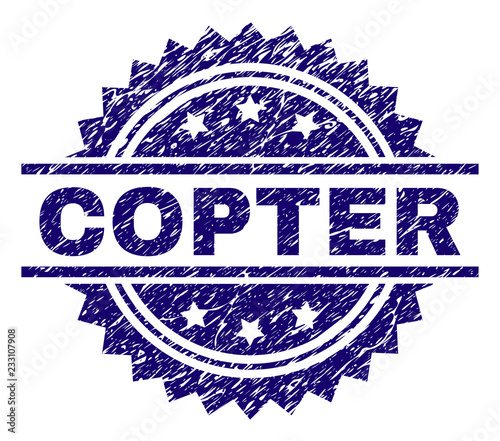 COPTER stamp seal watermark with distress style. Blue vector rubber print of COPTER label with unclean texture.