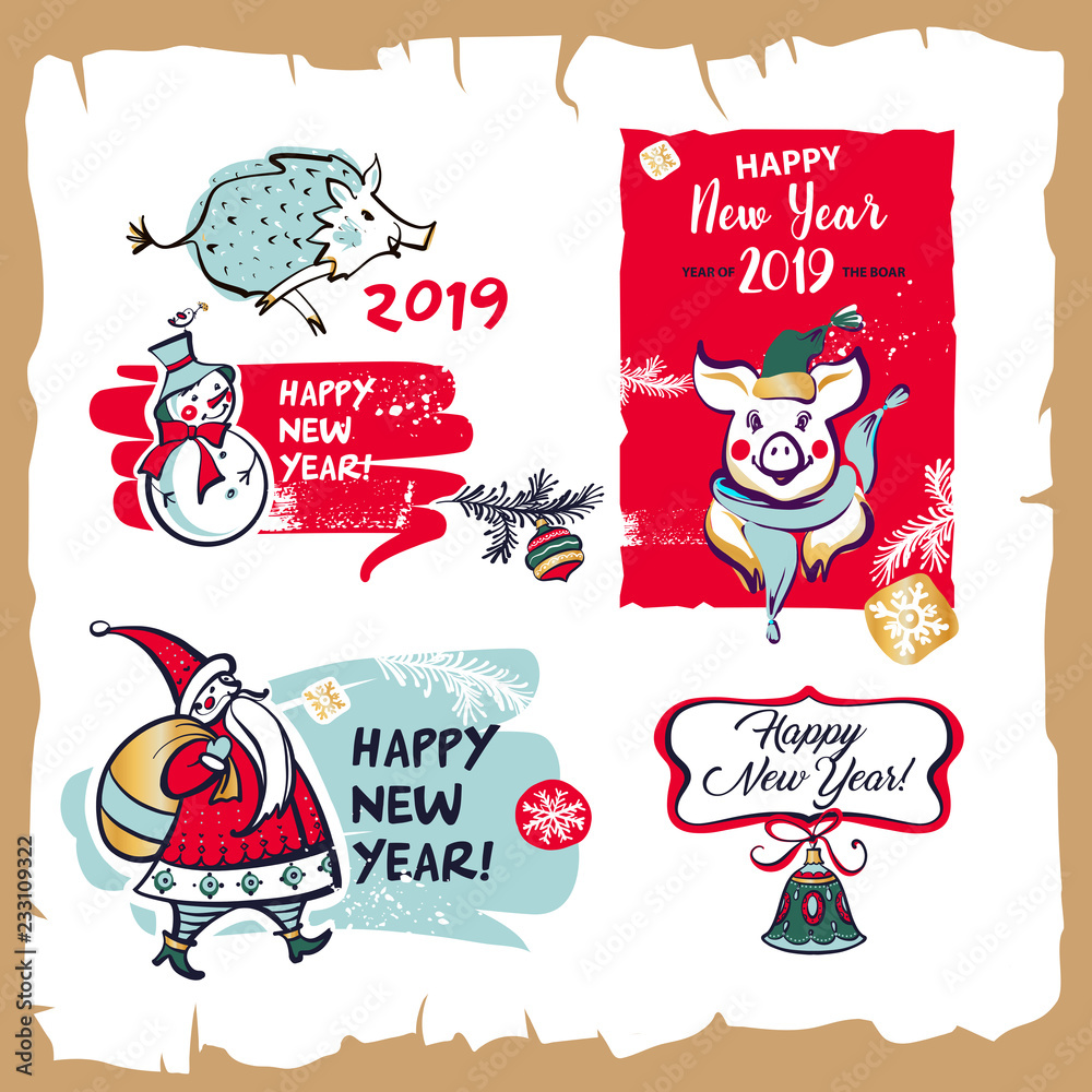 Fototapeta premium Set element design for invitation greeting banner, postcard, sale, winter party event. Pig, Boar symbol of the 2019 Chinese Happy new year. Comic, cartoon style silhouette santa claus, snowman, bell