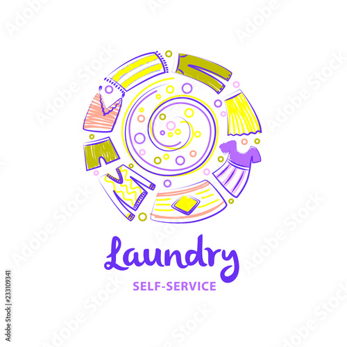 Self-service laundry logo. Freehand drawn template creative laundry logotype, label, badge. Eco, energy efficiency business. Vector illustration. Bubble and clothes in circle