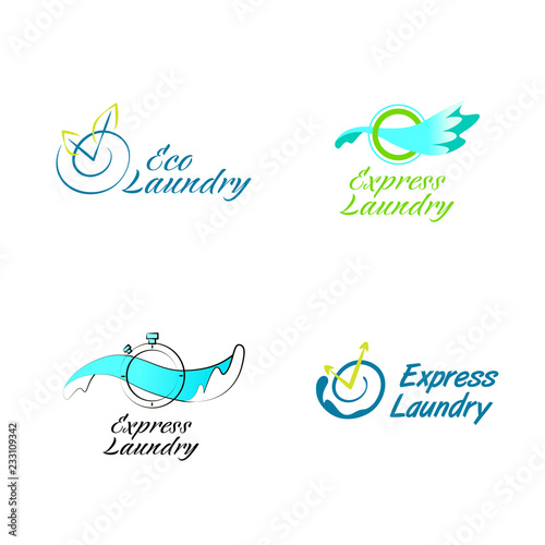 Set self-service laundry logo. Washhouse. Eco, energy efficiency  business. Freehand drawn template creative laundry logotype, label, badge. Image with water wave and clock