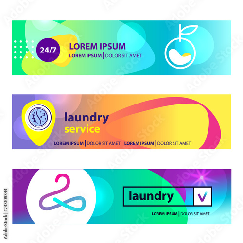 Freehand drawn template creative laundry logotype, label, badge. Banner with hanger. Self-service laundry logo. Eco, energy efficiency washing machine. Vector illustration