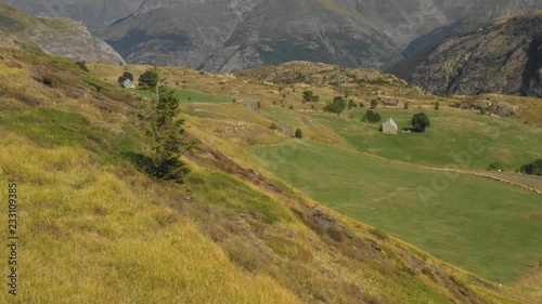 Drone flight above Saugue plateau area between Gedre and Gavarnie with view of mountains in the distance. Looking north towards Gedre. Pyrenees, France.   photo