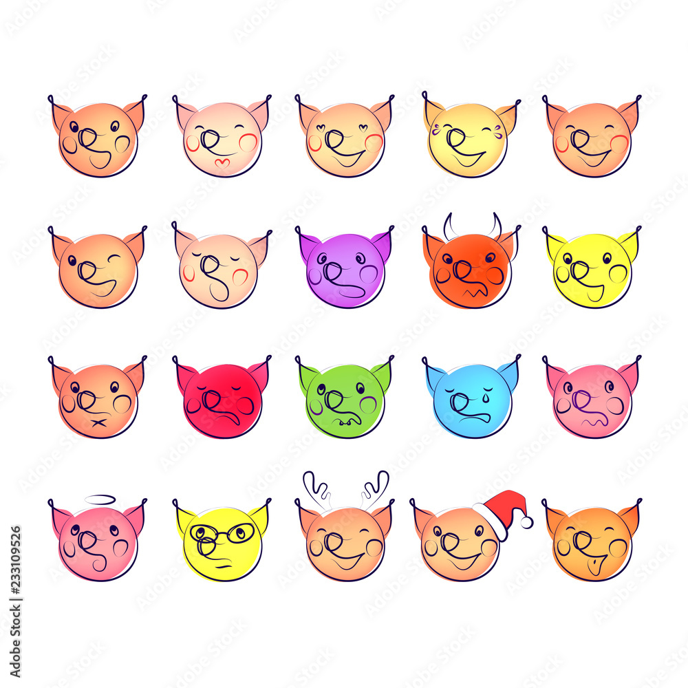 Twenty picture set of cute pig face. Hand drawn vector illustration for symbol chinese new year 2019. Personal emotion appearance image of smile funny boar Twenty picture set of cute pig face. Hand drawn vector illustration for symbol chinese new year 2019. Personal emotion appearance image of smile funny boar