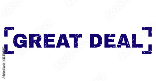 GREAT DEAL label seal print with grunge texture. Text caption is placed inside corners. Blue vector rubber print of GREAT DEAL with dirty texture.