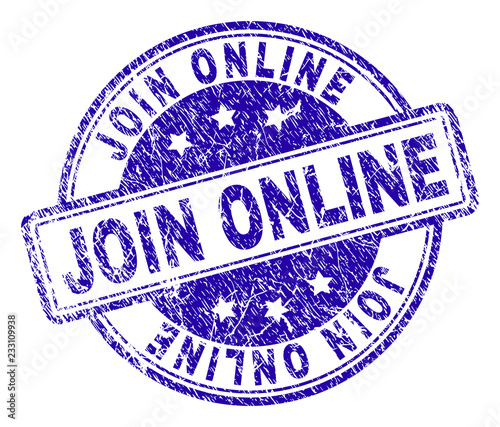JOIN ONLINE stamp seal imprint with distress texture. Designed with rounded rectangles and circles. Blue vector rubber print of JOIN ONLINE caption with unclean texture.