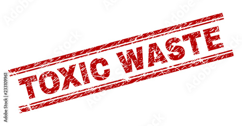 TOXIC WASTE seal print with grunge texture. Red vector rubber print of TOXIC WASTE caption with retro texture. Text caption is placed between double parallel lines.