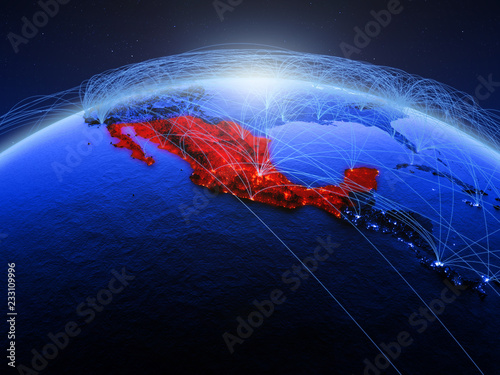 Fototapeta Naklejka Na Ścianę i Meble -  Mexico on blue digital planet Earth with international network representing communication, travel and connections.