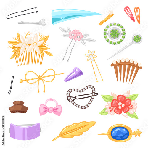 Hair accessory vector hairpin or hair-slide and hair-clip ponytailer for girlish hairstyle illustration beauty fashion set of hairgrip or hairdressing accessories barber isolated on white background