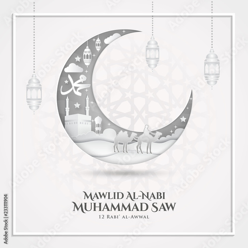 Mawlid al-Nabi Muhammad. translation: Prophet Muhammad's birthday. Suitable for greeting card, flyer, poster and banner