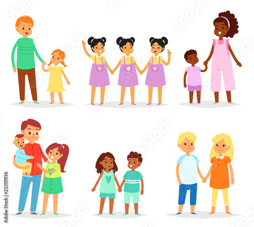 Siblings vector children characters sister brother together sisterly girls and brotherly boys twins in family illustration set of kids in childhood isolated on white background