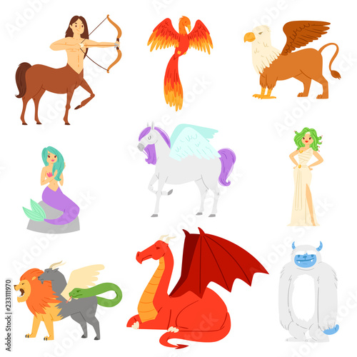 Mythological animal vector mythical creature phoenix or fantasy firebird characters of mythology mermaid snowman and griffin illustration set of cartoon beasts isolated on white background