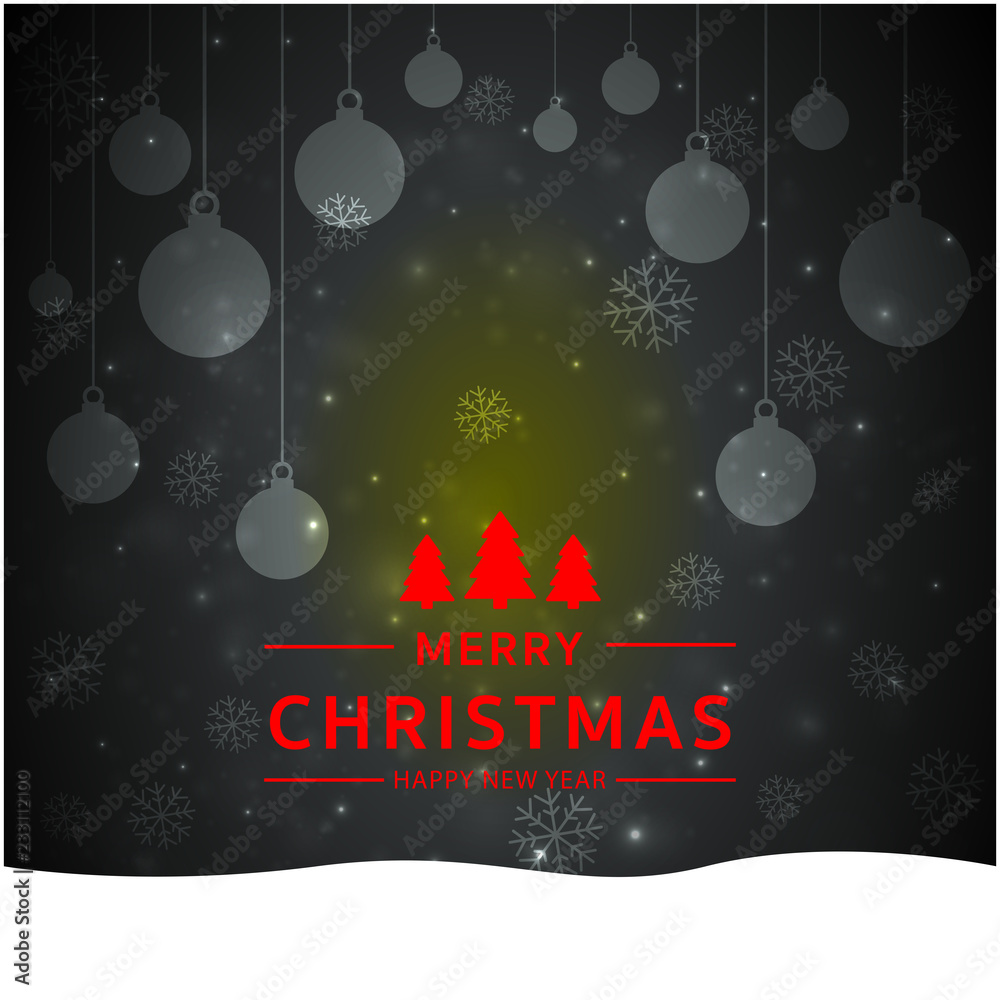 Happy New Year greeting card. Christmas card. Celebration background with Christmas Landscape, Christmas tree, balls and place for your text. Vector Illustration