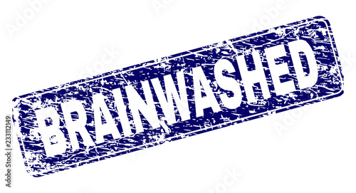 BRAINWASHED stamp seal print with distress style. Seal shape is a rounded rectangle with frame. Blue vector rubber print of BRAINWASHED title with dust style.