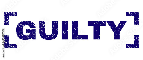 GUILTY caption seal print with corroded texture. Text label is placed between corners. Blue vector rubber print of GUILTY with corroded texture.