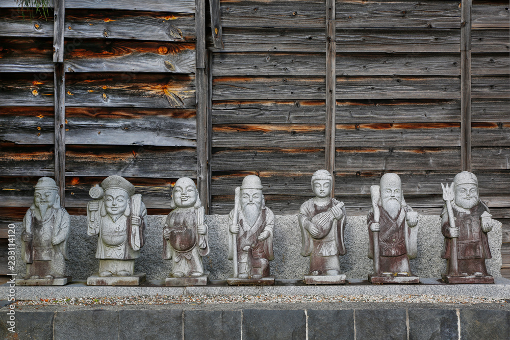 Seven Lucky Gods, bringing good luck on the street of the historic town of Naraijuku. Seven Lucky Gods, bringing good luck on the street of the historic town of Naraijuku.